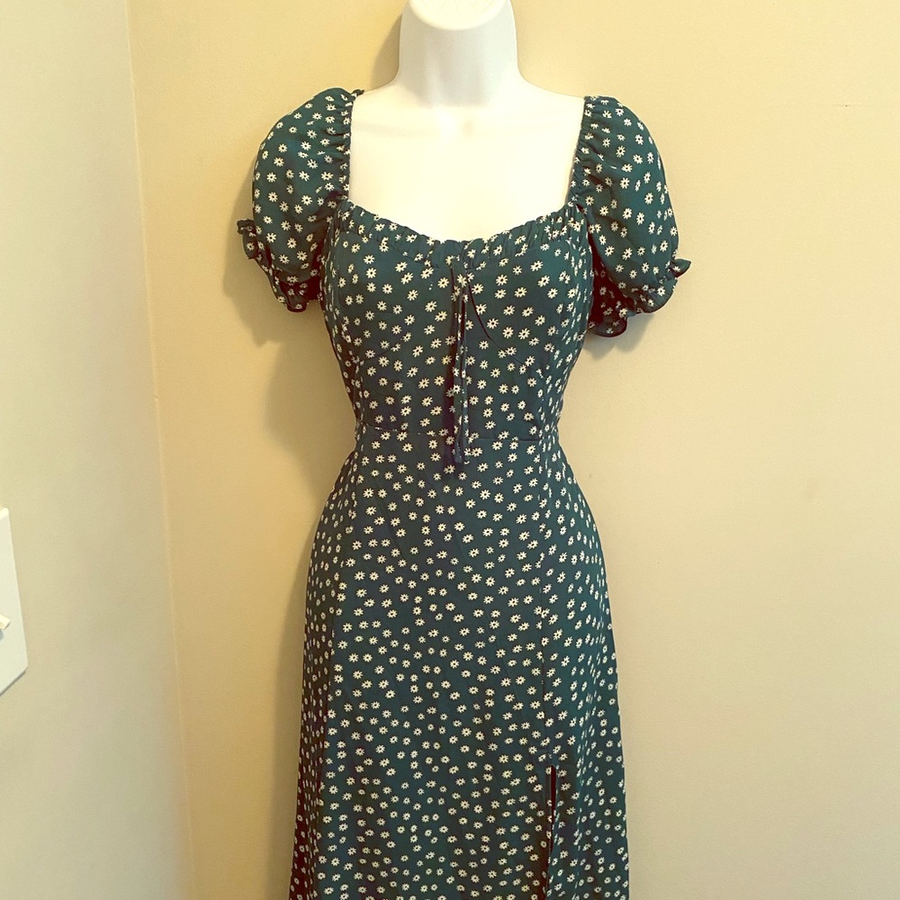 Green and white floral midi dress